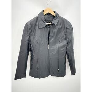 Black Leather Biker Jacket Womens Large Full Zip Quilted Lining Edgy Moto Grunge